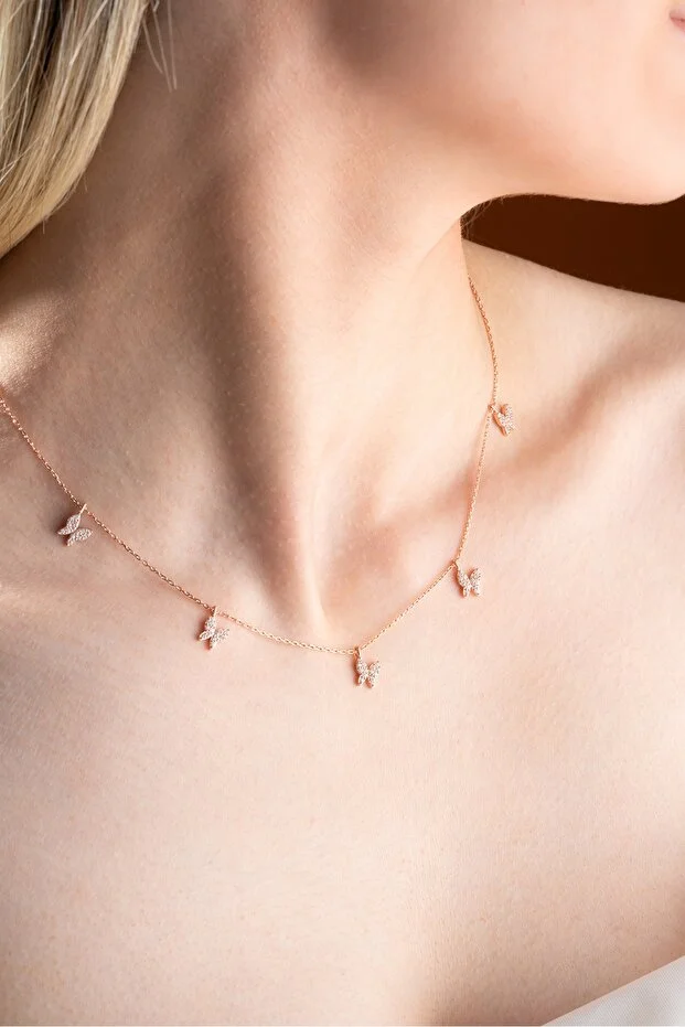 925 Ayar Gümüş Rose Zirkon Taşlı Şans Kelebek Kolye